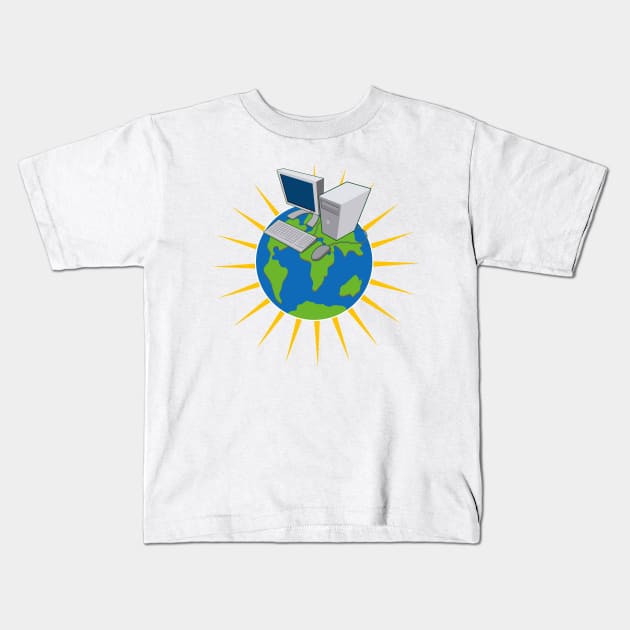 PC Computer on Top of Globe Retro Kids T-Shirt by retrovectors